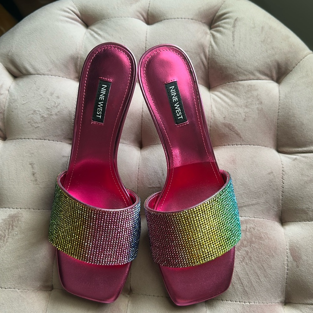 NWT Nine West Rhinestone Rainbow Embellished Slip-On Heels